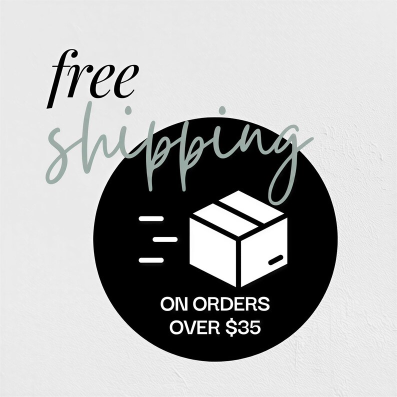 a black and white logo with text and a graphic of a box, indicating that free shipping is available on orders over $35.