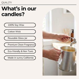 a person's hands pouring soy wax into a glass jar, with a focus on the process of making candles.