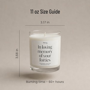 A candle in a glass container with a label that reads "In loving memory of your forties".