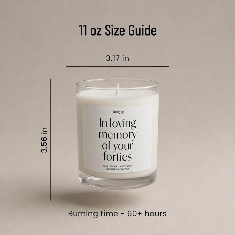 A candle in a glass container with a label that reads "In loving memory of your forties".