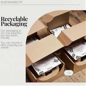 a set of cardboard boxes with a leaf design, and there is text on the boxes that reads "Recyclable Packaging" and "Our packaging is not only beautiful but also Earth-friendly. You can recycle it after enjoying your candle."