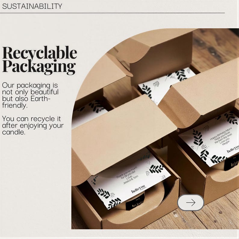 a set of cardboard boxes with a leaf design, and there is text on the boxes that reads "Recyclable Packaging" and "Our packaging is not only beautiful but also Earth-friendly. You can recycle it after enjoying your candle."