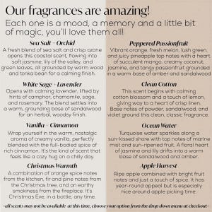 a collection of scents, each one unique and captivating. Each scent is described in detail, providing a sensory experience for the viewer. The image is not available at this time, so choose your option from the drop down menu at checkout.