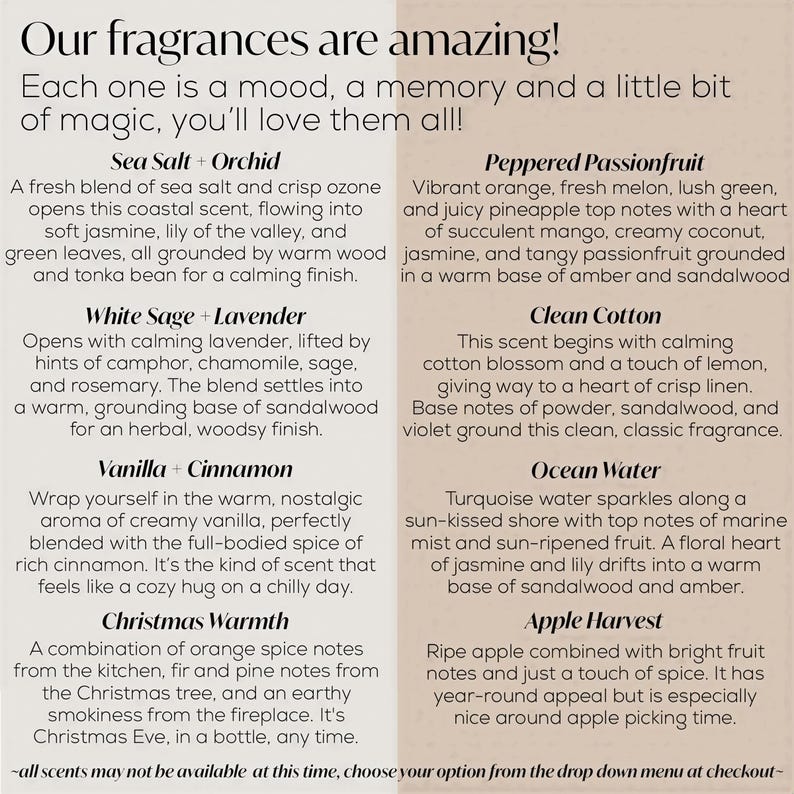 a collection of scents, each one unique and captivating. Each scent is described in detail, providing a sensory experience for the viewer. The image is not available at this time, so choose your option from the drop down menu at checkout.