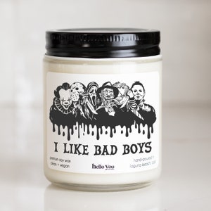 Horror Movie Characters Soy Candle: &quot;I Like Bad Boys&quot; Halloween Decor