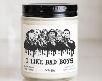 Horror Movie Characters Candle | I Like Bad Boys Halloween Candle | Halloween Gift | Spooky Candle | Halloween Decor Candle | Cute Halloween