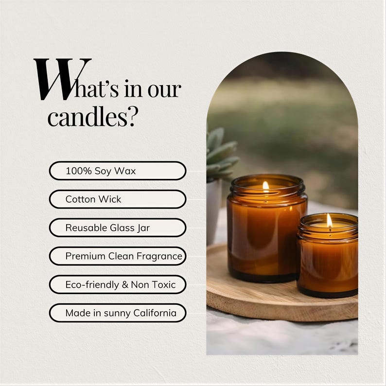 two glass jars with lit candles inside, placed on a wooden surface. The image also includes text boxes with information about the candles, such as 100% soy wax, cotton wick, reusable glass jar, premium clean fragrance, eco-friendly & non-toxic, and made in sunny California.