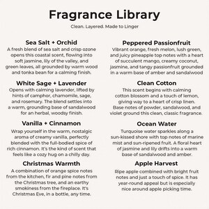 The image is a collection of scents from the Fragrance Library, each with a unique aroma and description. The scents include Sea Salt + Orchid, Peppered Passionfruit, White Sage + Lavender, Clean Cotton, Vanilla + Cinnamon, and Ocean Water.
