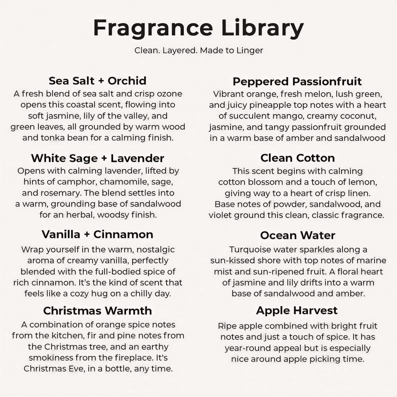 The image is a collection of scents from the Fragrance Library, each with a unique aroma and description. The scents include Sea Salt + Orchid, Peppered Passionfruit, White Sage + Lavender, Clean Cotton, Vanilla + Cinnamon, and Ocean Water.