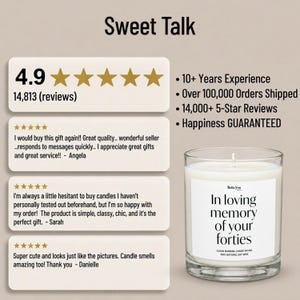 The image is a screenshot of a review for a candle, specifically a "Sweet Talk" candle. The review is composed of three sections, each with a rating and comment from a customer. The candle is described as a "happiness guaranteed" product, and the review mentions that it smells like the pictures in the candle. The overall rating of the candle is 4.9 stars, and the review has over 14,813 reviews.