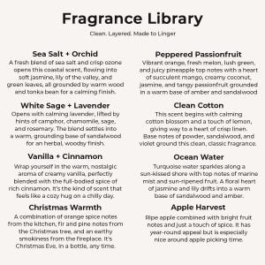 The image is a collection of scents from the Fragrance Library, each with a unique aroma and description. The scents include Sea Salt + Orchid, Peppered Passionfruit, White Sage + Lavender, Clean Cotton, Vanilla + Cinnamon, and Ocean Water.