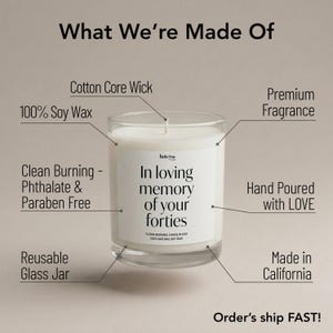 The image is a product advertisement for a candle, highlighting its features and benefits.