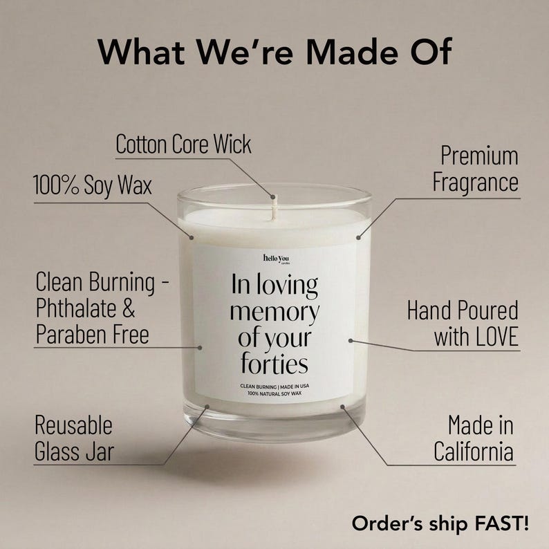 The image is a product advertisement for a candle, highlighting its features and benefits.