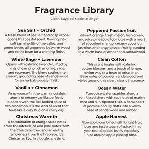 The image is a collection of scents from the Fragrance Library, each with a unique aroma and description. The scents include Sea Salt + Orchid, Peppered Passionfruit, White Sage + Lavender, Clean Cotton, Vanilla + Cinnamon, and Ocean Water.