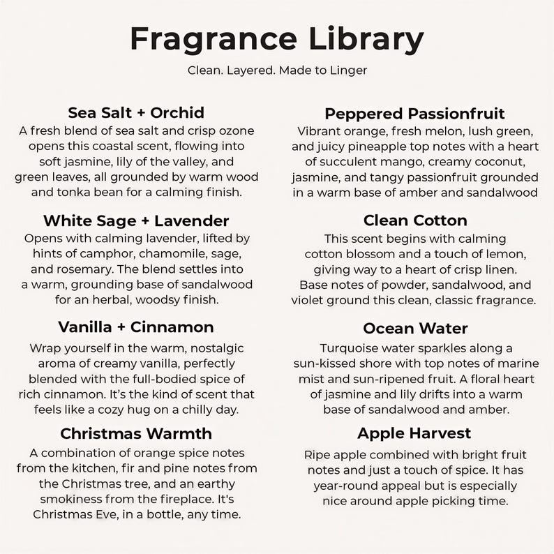 The image is a collection of scents from the Fragrance Library, each with a unique aroma and description. The scents include Sea Salt + Orchid, Peppered Passionfruit, White Sage + Lavender, Clean Cotton, Vanilla + Cinnamon, and Ocean Water.