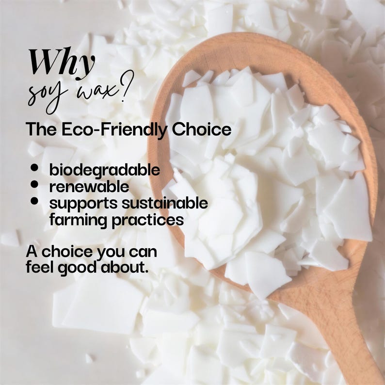 a wooden spoon filled with white, biodegradable soy wax, accompanied by text that explains why soy wax is considered an eco-friendly choice.