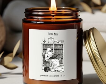 Ghost Reading Soy Candle: Halloween Home Decor, Book Lover Gift