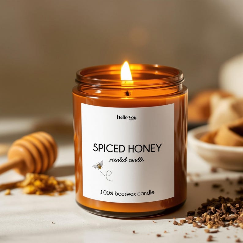 May include: Lit scented candle in a clear glass jar with a white label. The label reads "SPICED HONEY scented candle" with a bee graphic and "100% beeswax candle". The candle is lit with a bright flame.