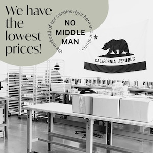 May include: An image of a candle-making studio with the text "We have the lowest prices!" and "NO MIDDLE MAN." A California Republic flag hangs in the background. Boxes and work tables are in the foreground.