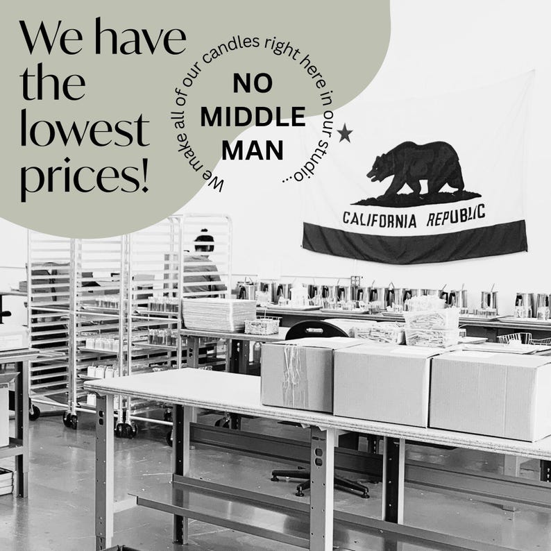 May include: An image of a candle-making studio with the text "We have the lowest prices!" and "NO MIDDLE MAN." A California Republic flag hangs in the background. Boxes and work tables are in the foreground.