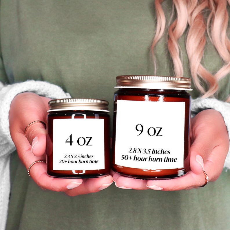 May include: Two glass jars with gold lids and white labels are held in front of a green background. The smaller jar reads "4 oz" and measures 2.3 x 2.5 inches. The larger jar reads "9 oz" and measures 2.8 x 3.5 inches.