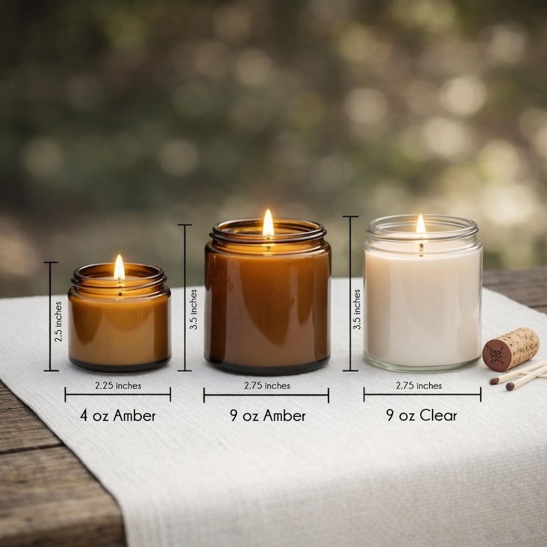 three candles of different sizes, with a cork stopper, placed on a wooden surface. The candles are labeled with their respective sizes in inches.