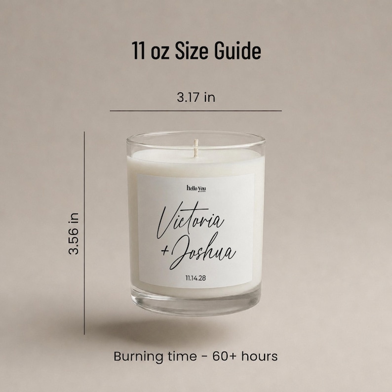 a candle labeled "Victoria & Joshua" with a size guide indicating it is 11.6 inches in diameter. The candle is described as having a burning time of 60+ hours.