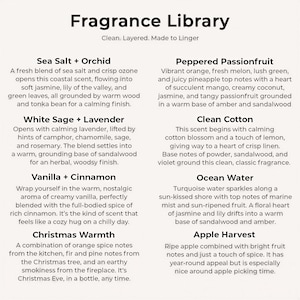 The image is a collection of scents from the Fragrance Library, each with a unique aroma and description. The scents include Sea Salt + Orchid, Peppered Passionfruit, White Sage + Lavender, Clean Cotton, Vanilla + Cinnamon, and Ocean Water.