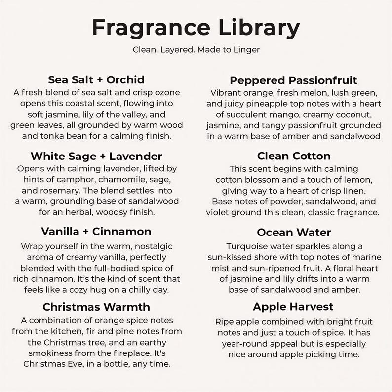The image is a collection of scents from the Fragrance Library, each with a unique aroma and description. The scents include Sea Salt + Orchid, Peppered Passionfruit, White Sage + Lavender, Clean Cotton, Vanilla + Cinnamon, and Ocean Water.