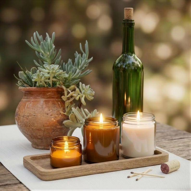 a rustic wooden tray with three candles, a green bottle, and a terracotta pot with a succulent plant. The scene is set against a blurred natural background, creating a serene and calming atmosphere.
