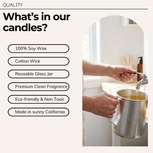 a person's hands pouring soy wax into a glass jar, with a focus on the process of making candles.