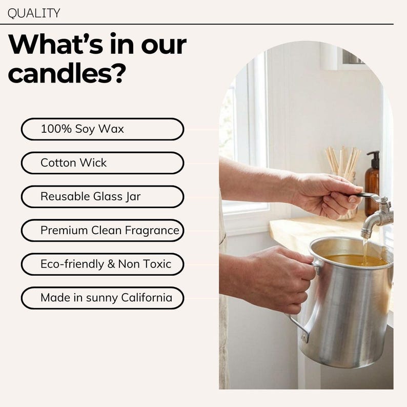 a person's hands pouring soy wax into a glass jar, with a focus on the process of making candles.
