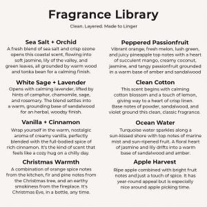 The image is a collection of scents from the Fragrance Library, each with a unique aroma and description. The scents include Sea Salt + Orchid, Peppered Passionfruit, White Sage + Lavender, Clean Cotton, Vanilla + Cinnamon, and Ocean Water.