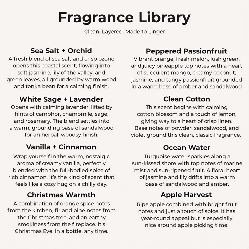 The image is a collection of scents from the Fragrance Library, each with a unique aroma and description. The scents include Sea Salt + Orchid, Peppered Passionfruit, White Sage + Lavender, Clean Cotton, Vanilla + Cinnamon, and Ocean Water.