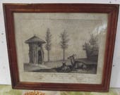 doe hut and its fawn in the garden of plants drawn after nature by Huet Huet 1822, engraving, print, framed period glass