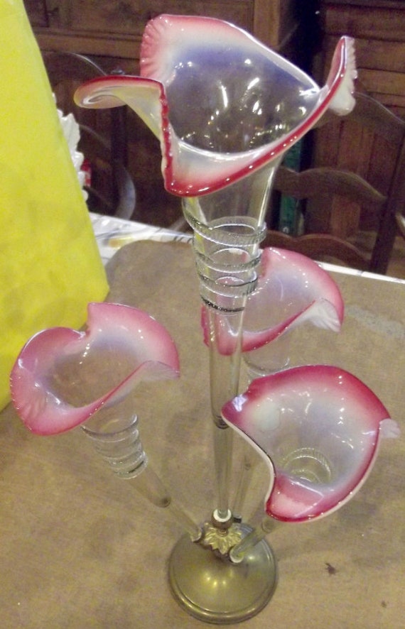 Former Grand Vase Cornet Glass Bulle Brass Foot 3 Heads Tulip Etsy