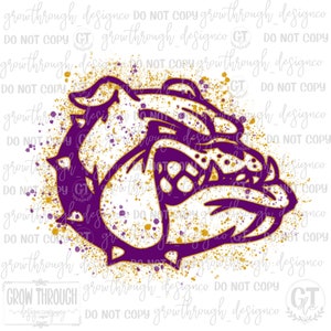 May include: Purple and gold bulldog mascot graphic with a splatter paint effect. The bulldog is outlined in gold and has a fierce expression. The background is white.