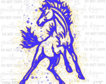 Mustang Mascot - Salpicadura de pintura - azul y dorado/amarillo - solo png