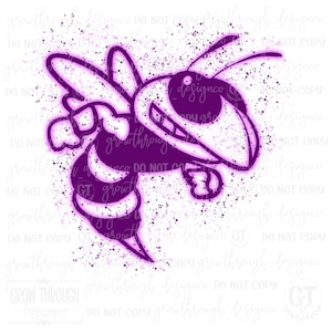 May include: Purple and white digital illustration of a cartoon bee with a fierce expression. The bee is outlined in purple and has a white interior. The background is a white splatter pattern.