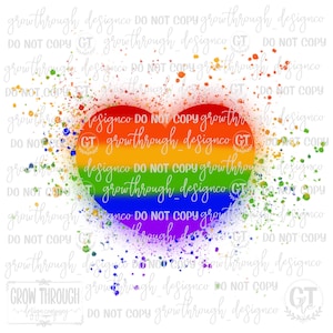 May include: A rainbow heart with a white background. The heart is made up of the colors of the rainbow, with a white outline. The background is covered in white paint splatters.