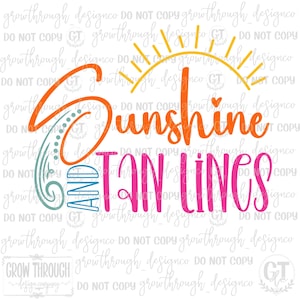 May include: A colorful graphic design with a sun, a wave, and the text "Sunshine and Tan Lines".