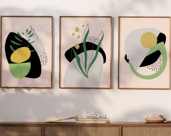 Digital Prints Set of 3 Prints Neutral Modern Wall Art Decor Boho Style Bohemian Wall Art Prints green yellow black wall art abstract design