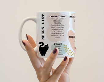 NVC Taza lista de necesidades Taza de recordatorio diario Taza de afirmación Taza de amor propio Taza de vibraciones positivas Comunicación inspiradora no violenta