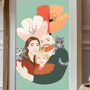 Family portrait with Floral Background cartoon family portrait custom gift for mother's day gift portrait Personalized Gift flowers wall art