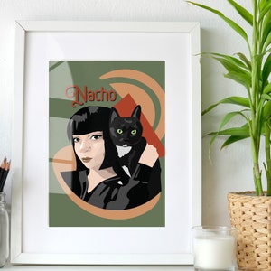 May include: A digital illustration of a woman with black hair and a black cat on her shoulder. The woman is wearing a black shirt and the background is green with geometric shapes. The text "Nacho" is written in red at the top of the image.