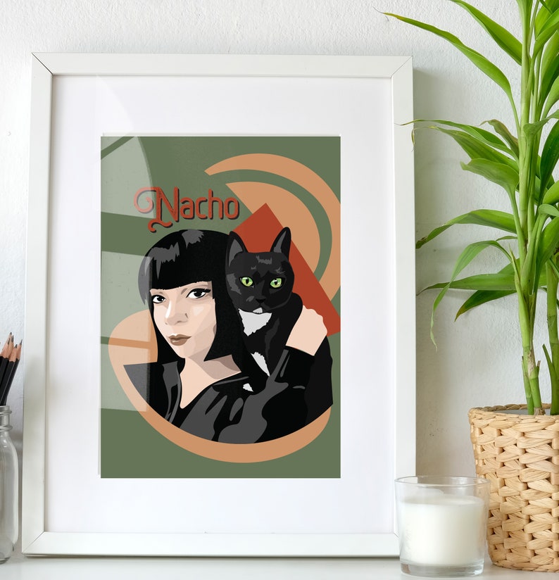 May include: A digital illustration of a woman with black hair and a black cat on her shoulder. The woman is wearing a black shirt and the background is green with geometric shapes. The text "Nacho" is written in red at the top of the image.