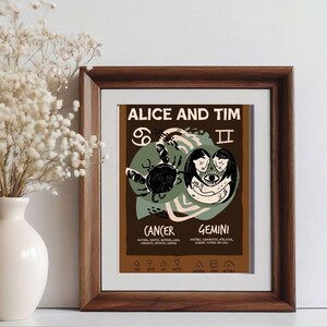 May include: A framed art print featuring the names "Alice and Tim" above illustrations of the Cancer and Gemini zodiac signs. The print has a brown background with beige and green accents. The Cancer sign includes a crab illustration, and the Gemini sign shows two figures embracing.