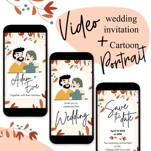 Convite de casamento personalizado em vídeo, retrato personalizado de casamento, retrato de desenho animado, convite de casamento personalizado, vídeo fofo personalizado
