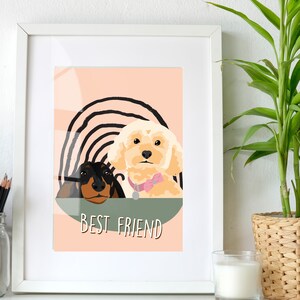 May include: A digital illustration of two dogs, a black and brown dachshund and a cream-colored poodle, looking at the camera. The dogs are in front of a black and white rainbow and the text "BEST FRIEND" is below them on a peach background.