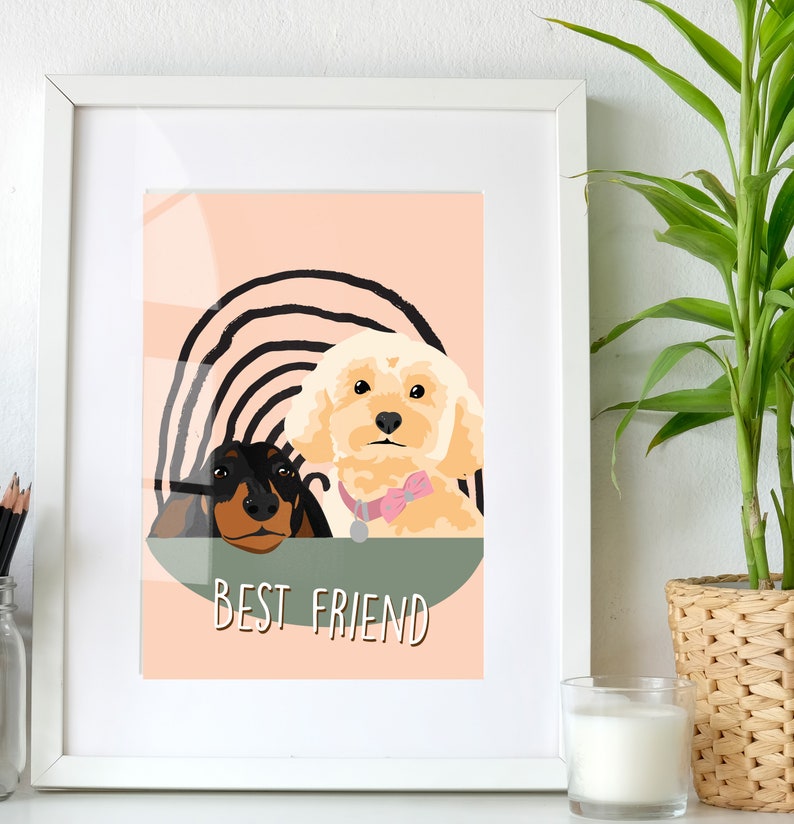 May include: A digital illustration of two dogs, a black and brown dachshund and a cream-colored poodle, looking at the camera. The dogs are in front of a black and white rainbow and the text "BEST FRIEND" is below them on a peach background.